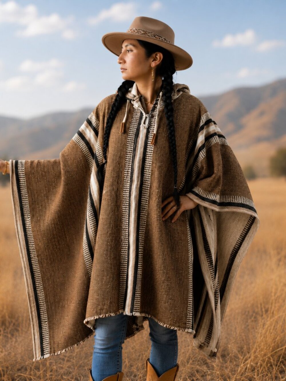 Handwoven Native American Hooded Wool Poncho - 100% Highland Wool Pullover Coat